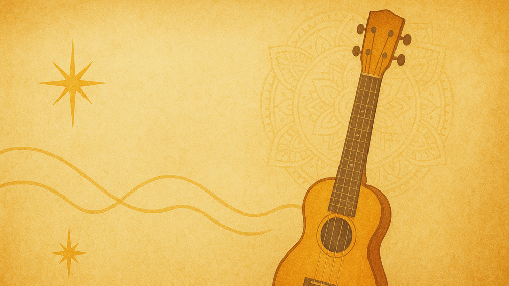 Illustration of a yukelele in the foreground and celtic symbols and stars