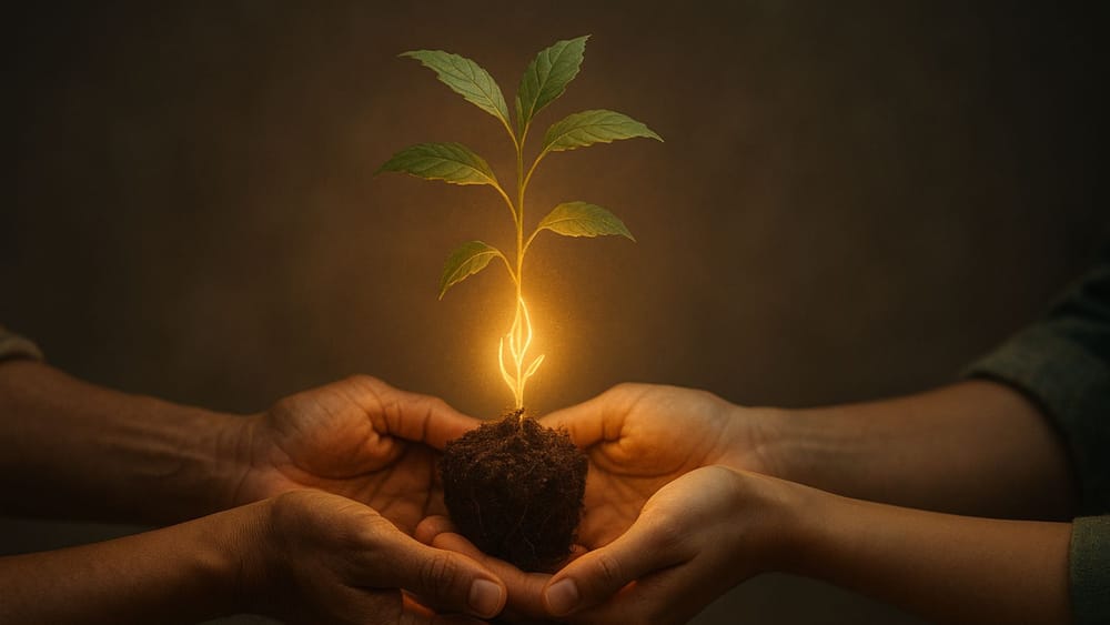 Two pairs of hands hold a small sapling and soil